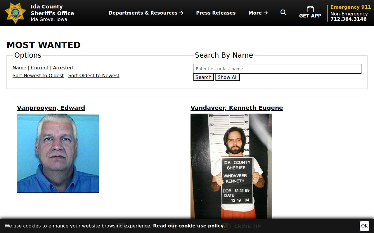 Ida County most wanted list search and status controls without roster entries
