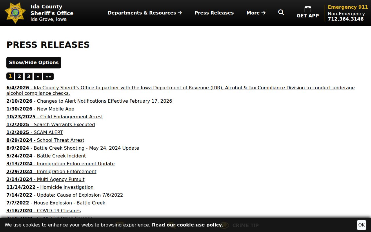 Ida County search and arrest warrant press release index